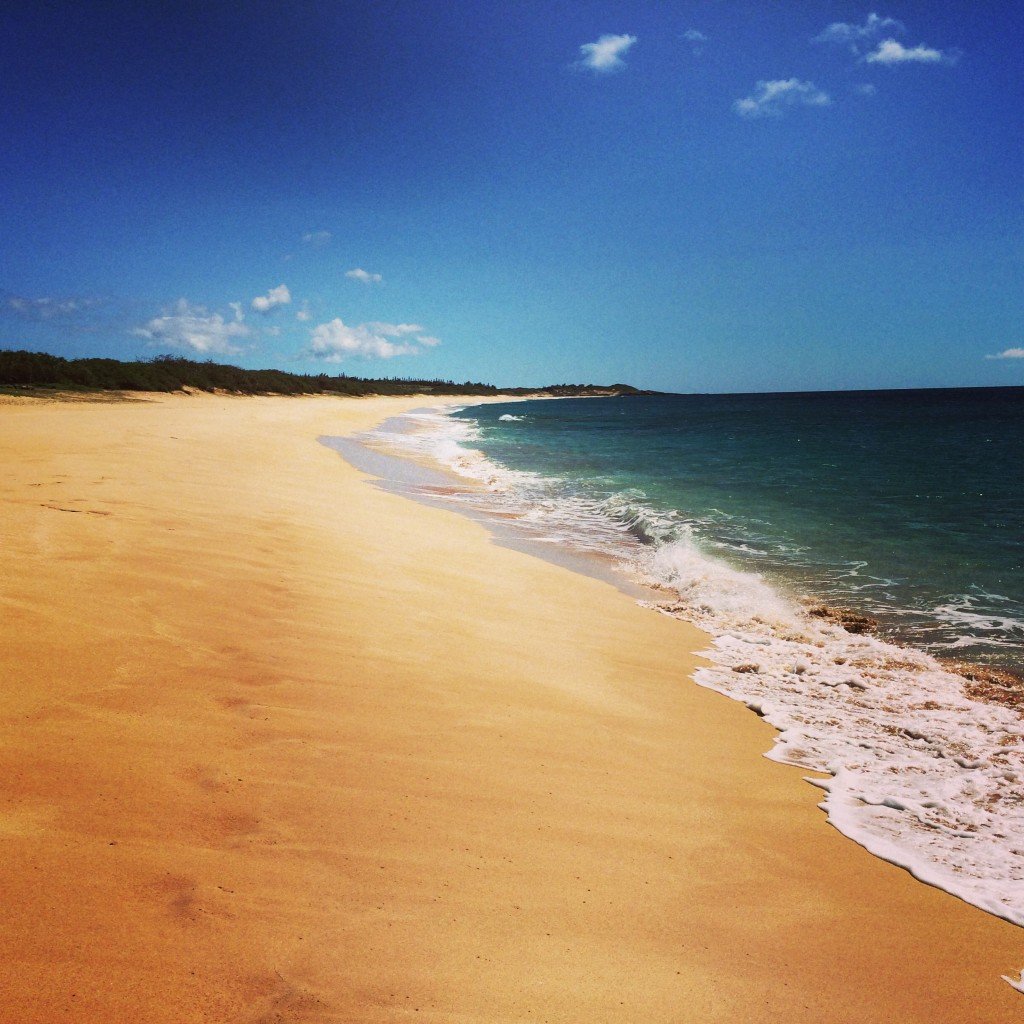 Golden-sand West End beach on Molokaʻi at the foot of open ranch land