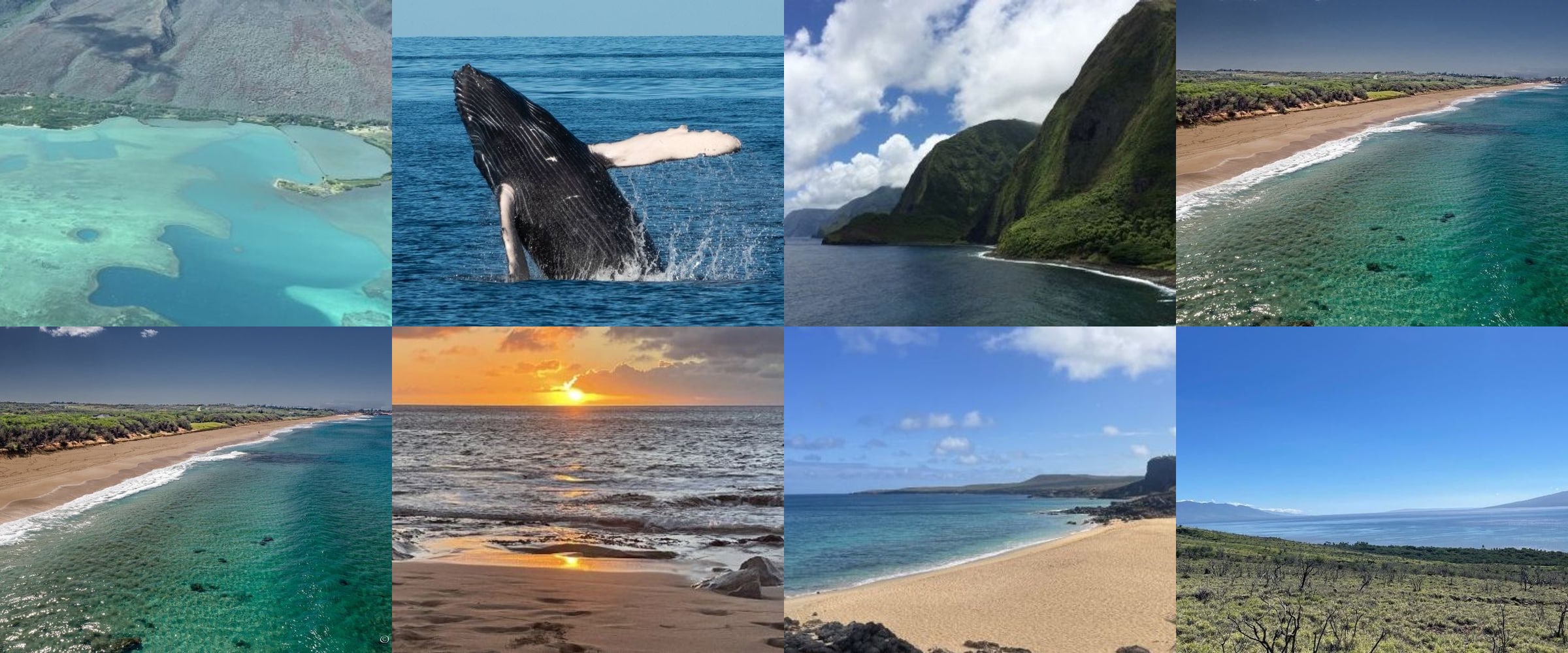 A mosaic of aerial and coastal views across Molokaʻi — turquoise reef lagoons, sea cliffs, golden West End beaches and south-shore sunsets